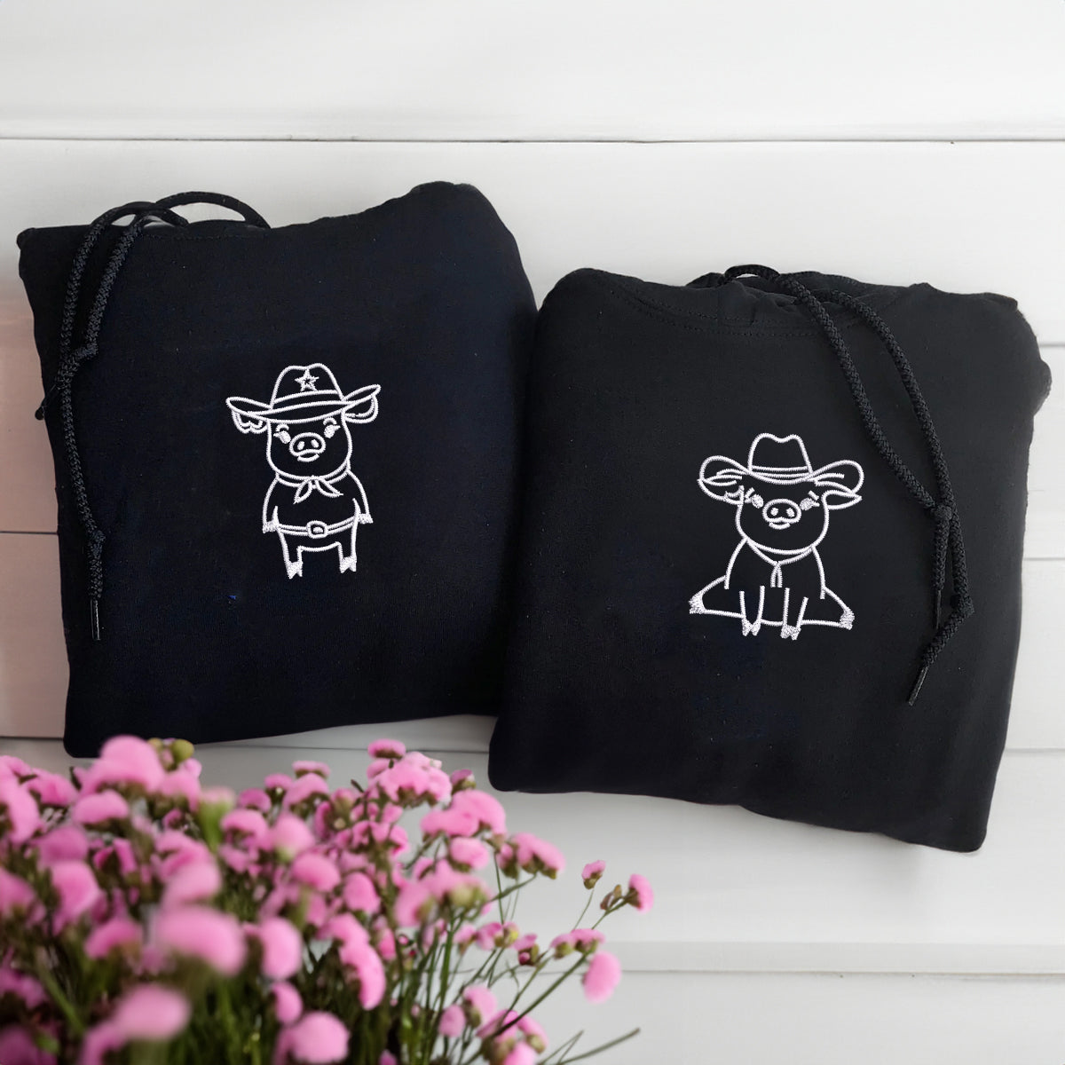 Sweats à capuche assortis personnalisés avec cochons cowboy brodés pour couples