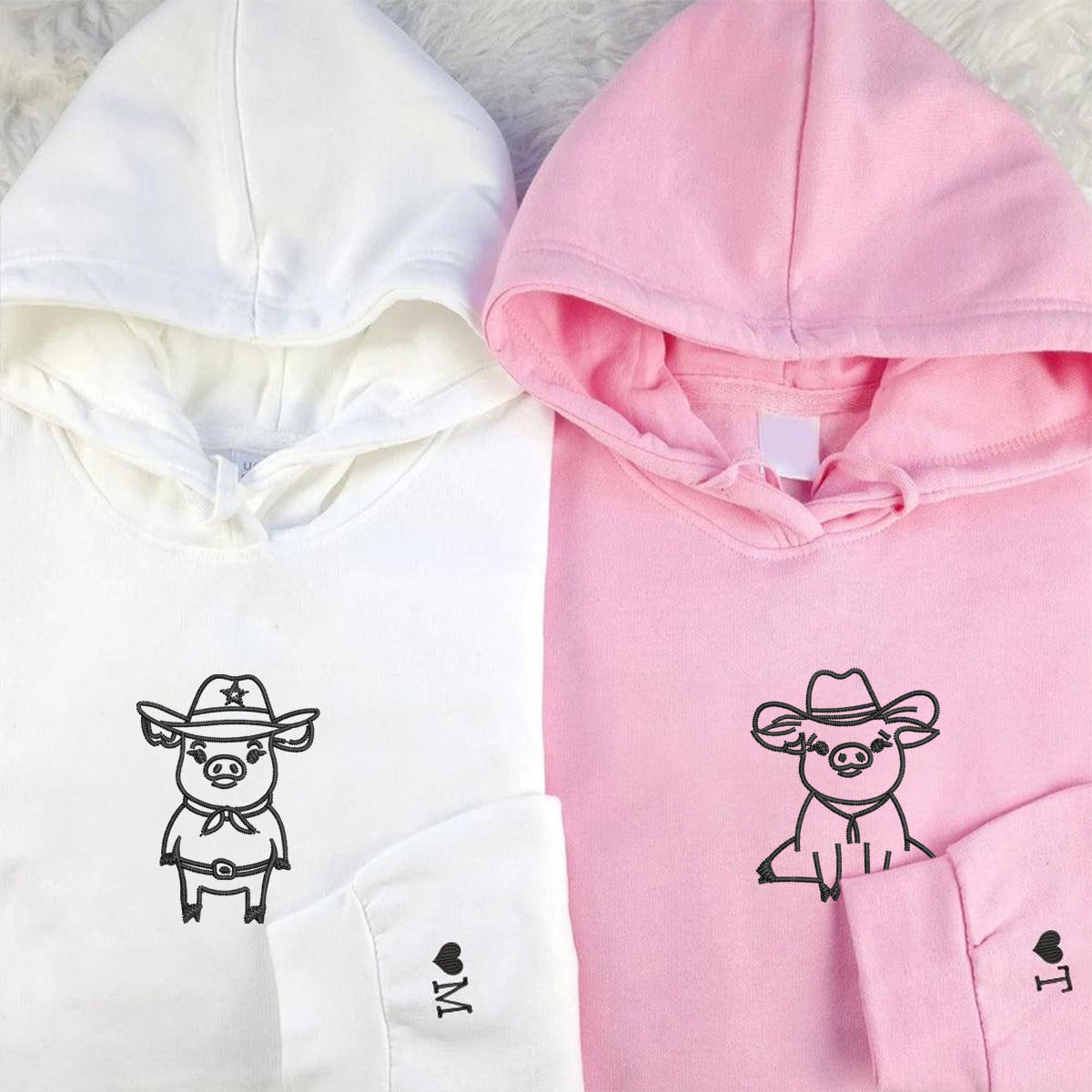 Sweats à capuche assortis personnalisés avec cochons cowboy brodés pour couples