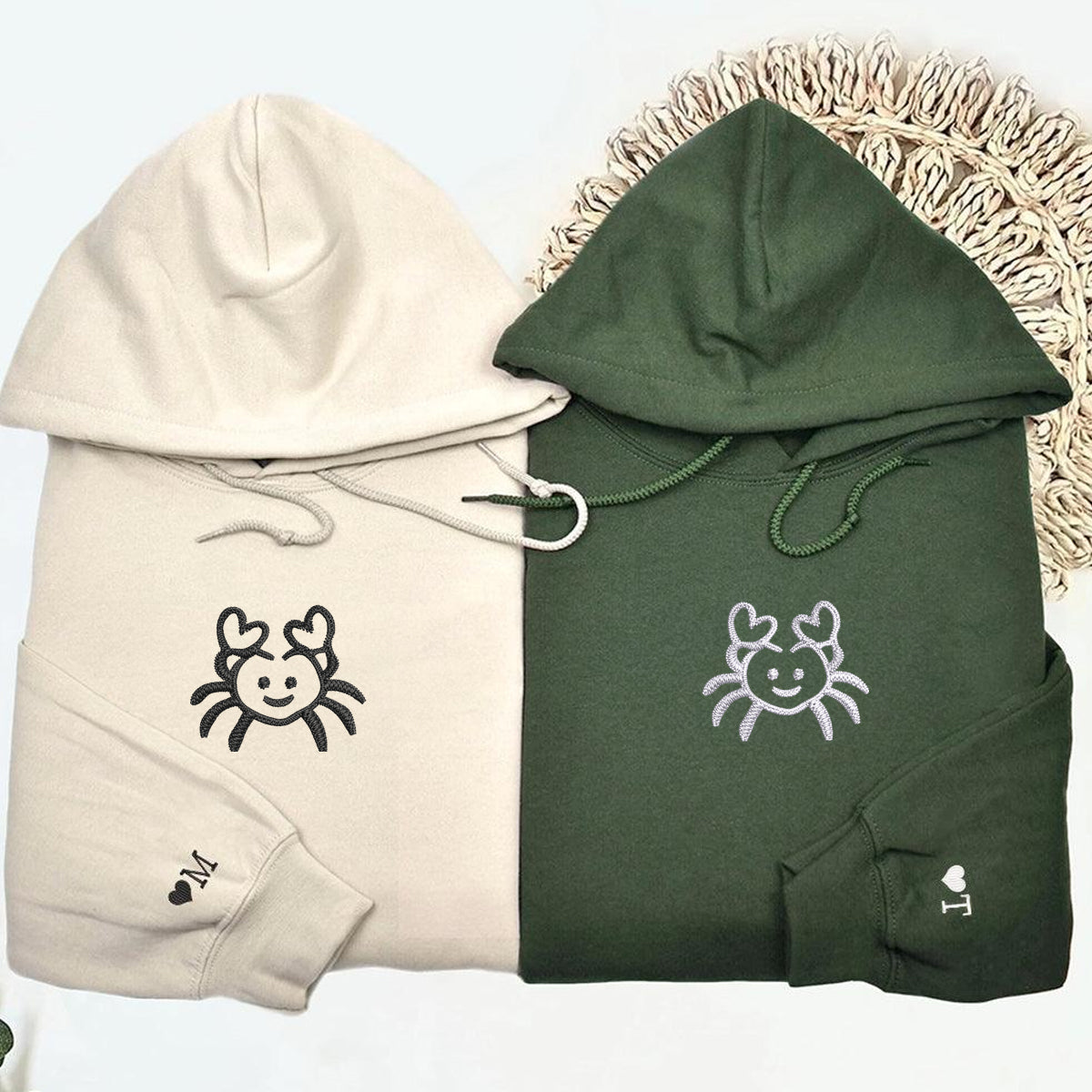 Custom Embroidered Crab Love Matching Hoodies for Couples