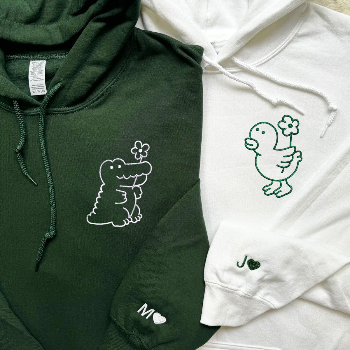 Custom Embroidered Crocodile and Duck Matching Hoodies for Couples