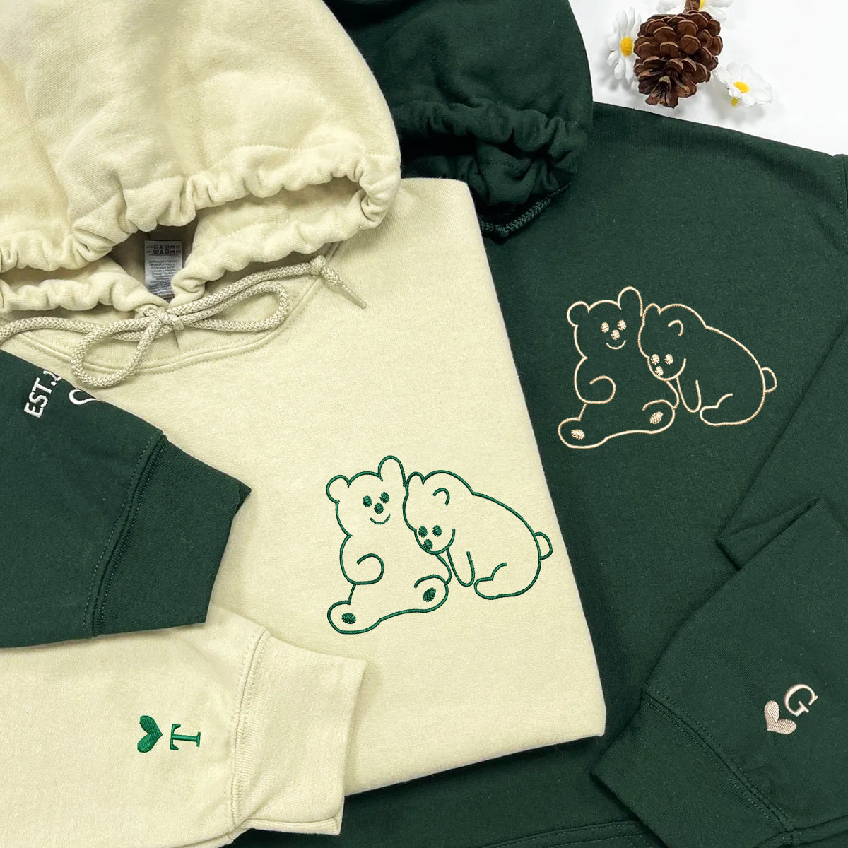 Custom Embroidered Cute Bear Love Matching Hoodies for Couples