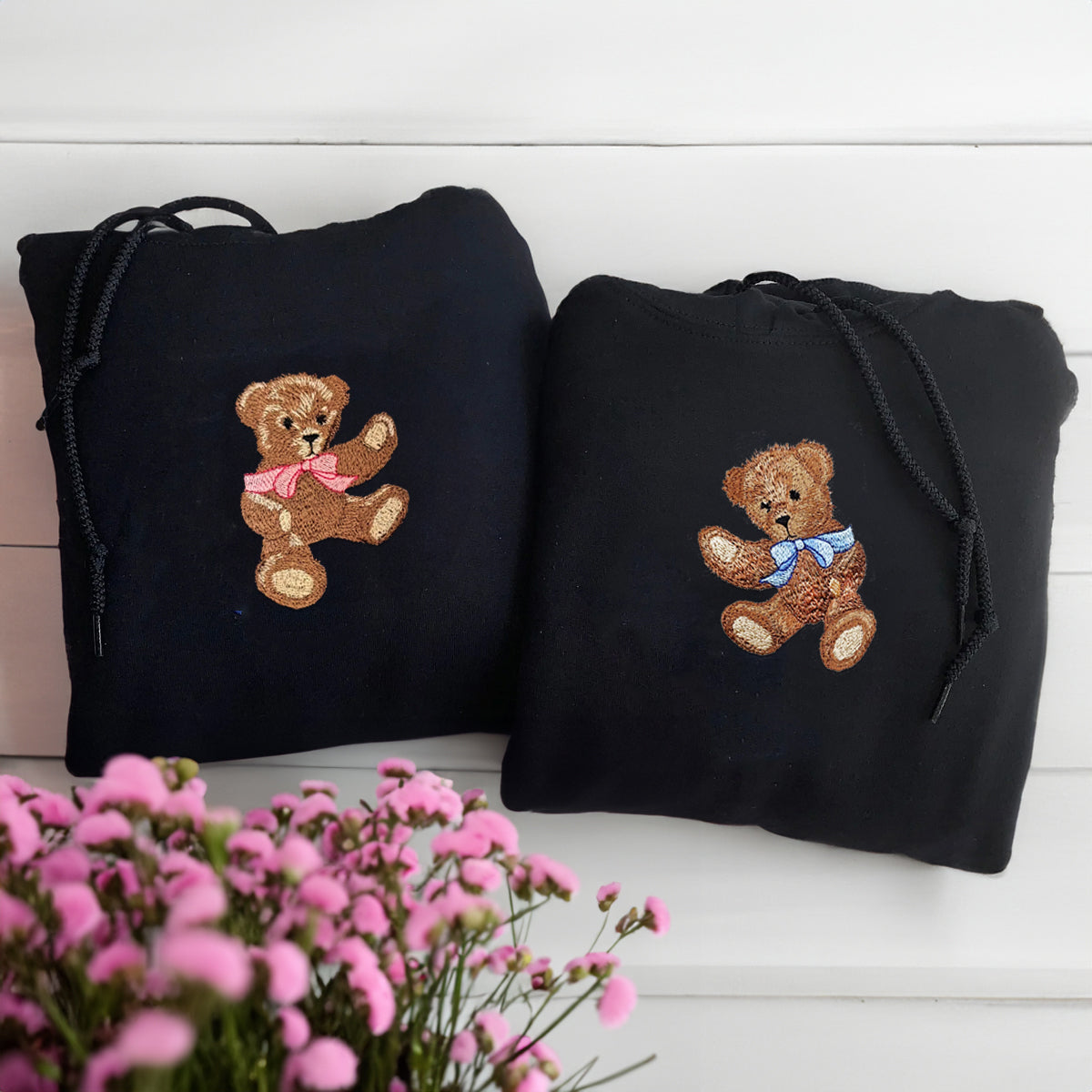 Sweats à capuche assortis avec ours mignon brodés personnalisés pour couples