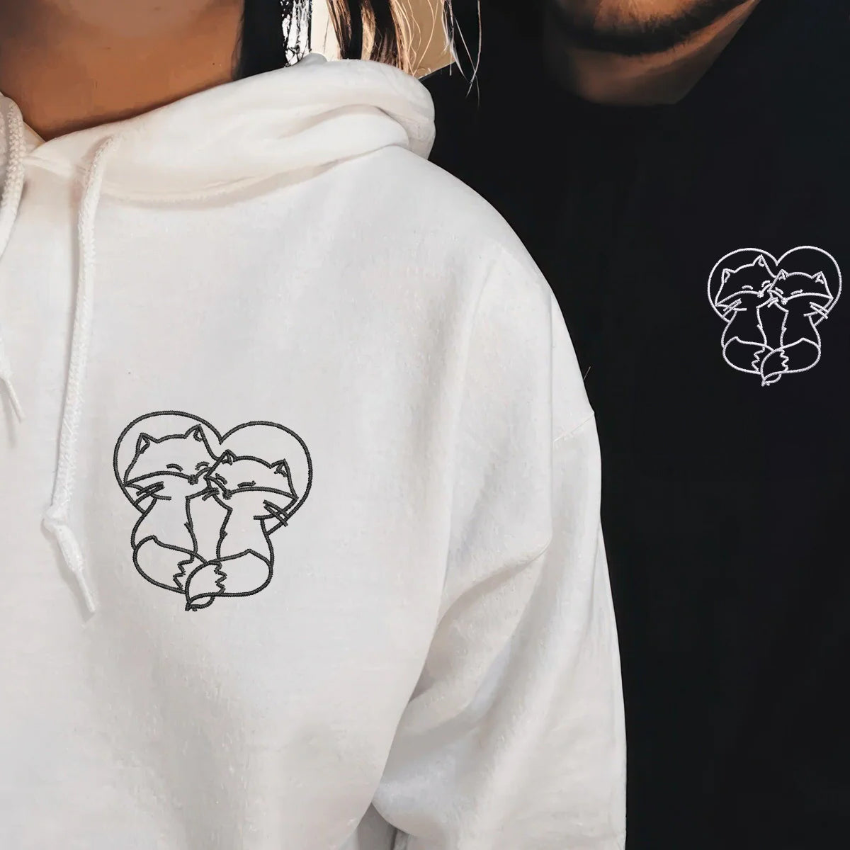 Benutzerdefinierte bestickte süße Fuchs Liebe passende Hoodies für Paare