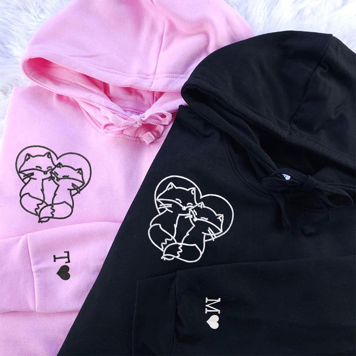 Benutzerdefinierte bestickte süße Fuchs Liebe passende Hoodies für Paare