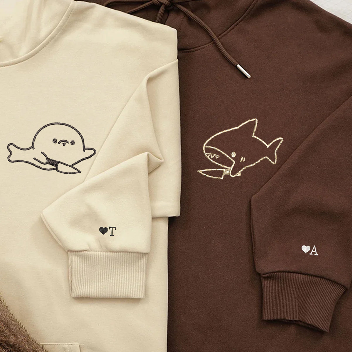 Custom Embroidered Cute Shark and Seal Matching Hoodies for Couples