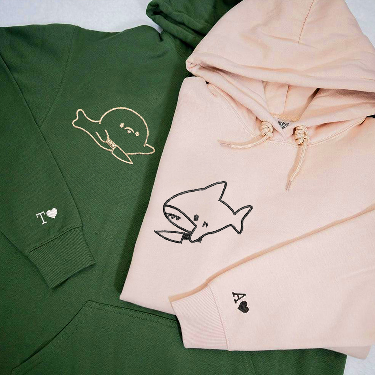 Custom Embroidered Cute Shark and Seal Matching Hoodies for Couples