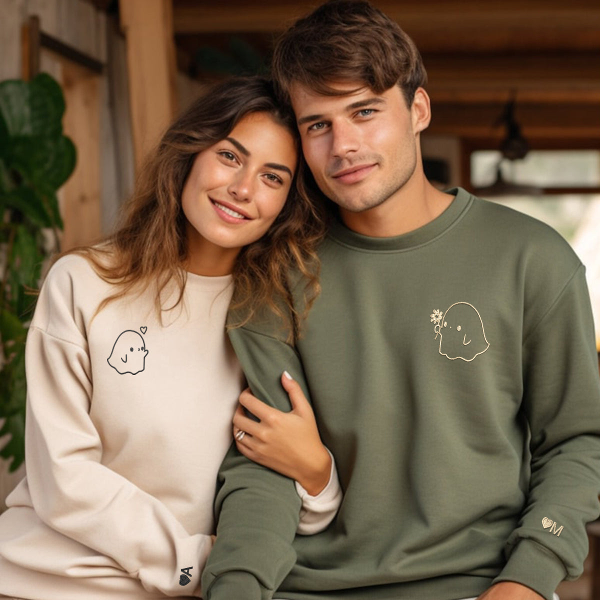 Custom Embroidered Cute Sheet Ghost Matching Hoodies for Couples