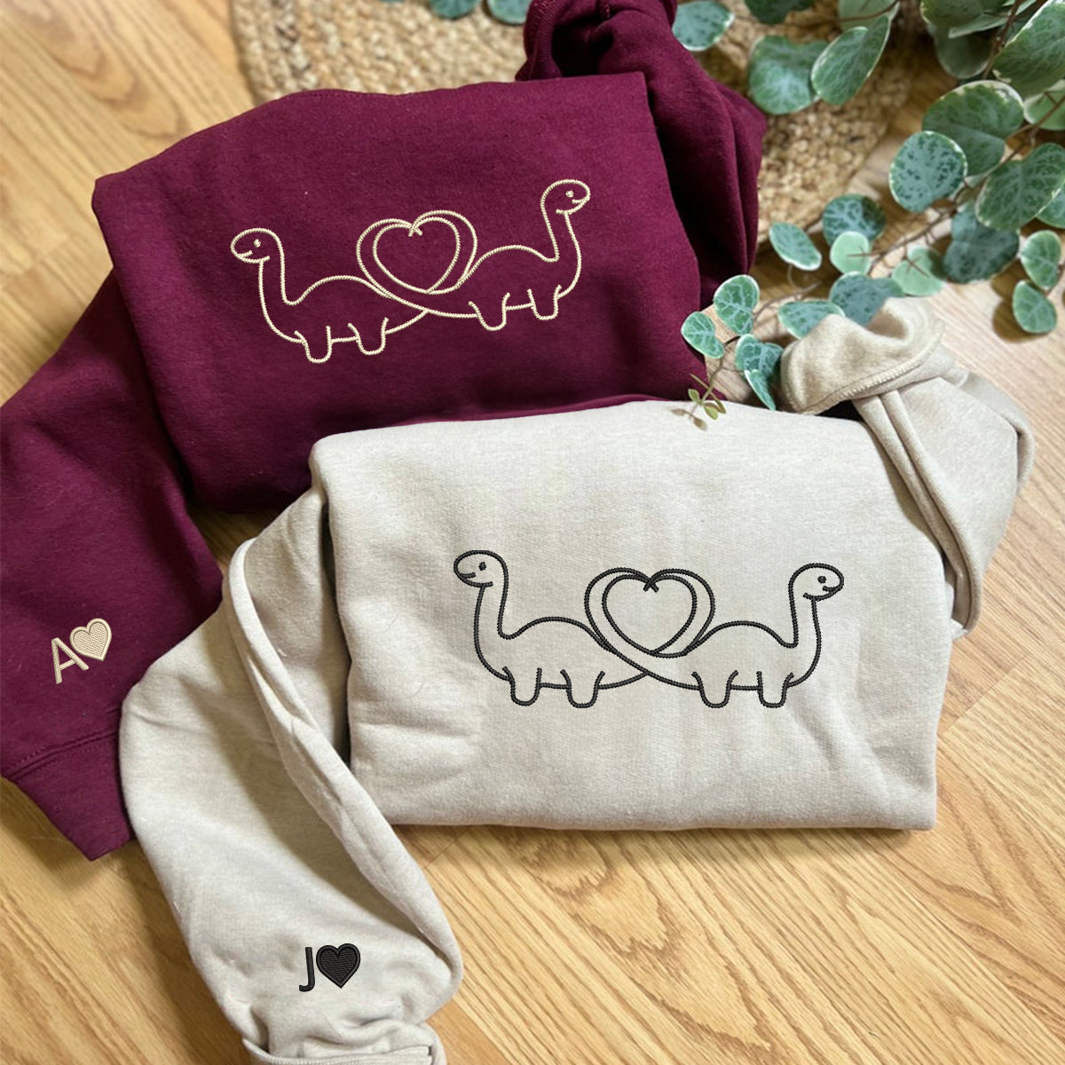 Custom Embroidered Dinosaur Matching Hoodies for Couples