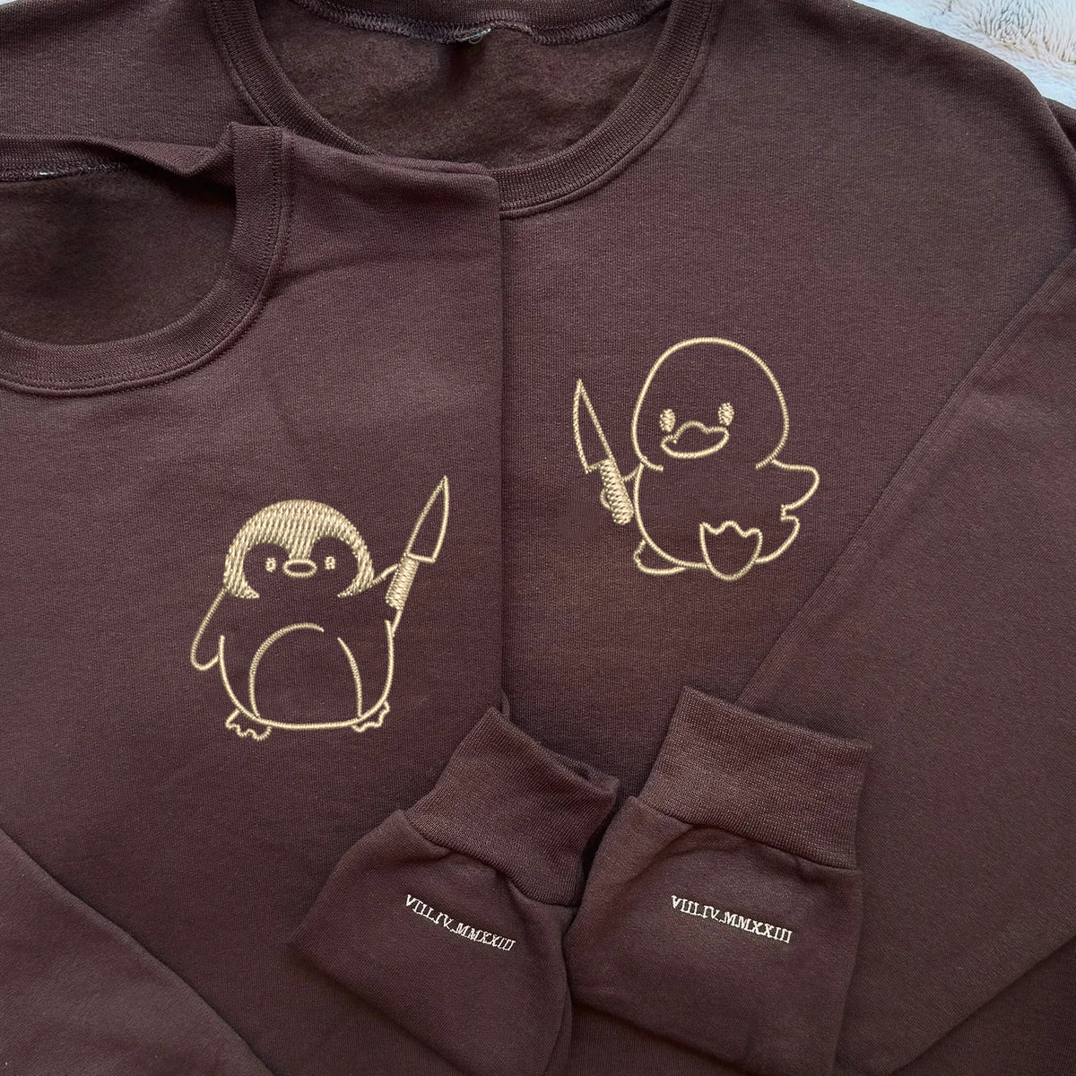 Custom Embroidered Duck and Penguin with Knife Matching Hoodies for Couples