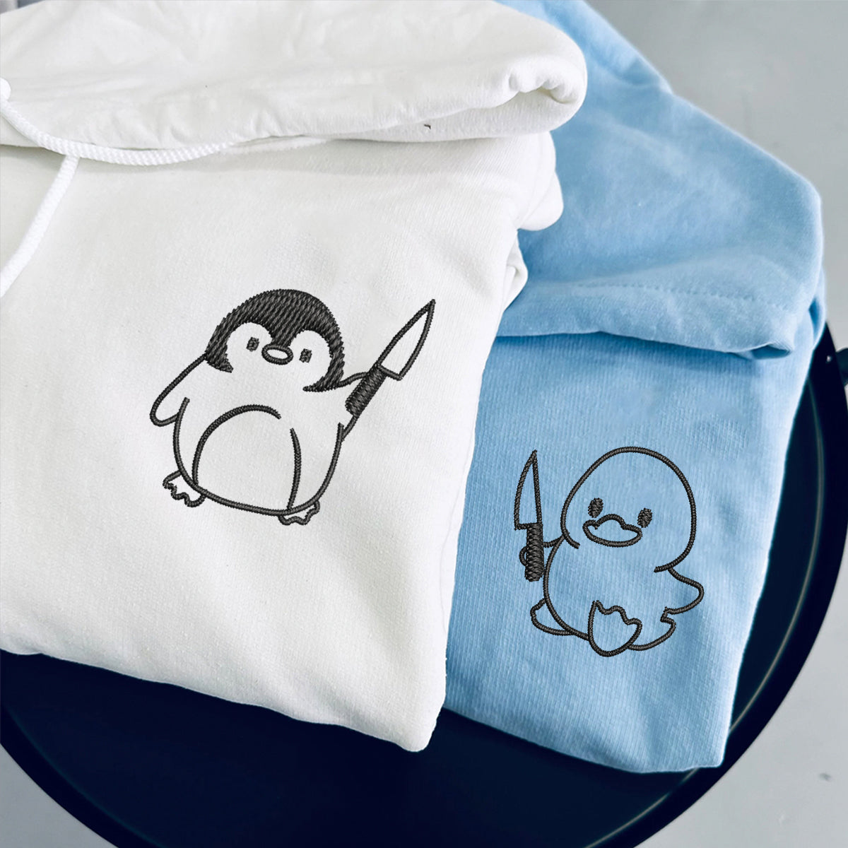 Custom Embroidered Duck and Penguin with Knife Matching Hoodies for Couples