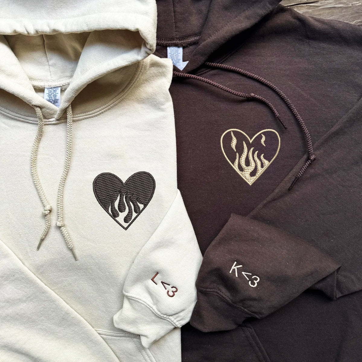 Custom Embroidered Fire Heart Matching Hoodies for Couples