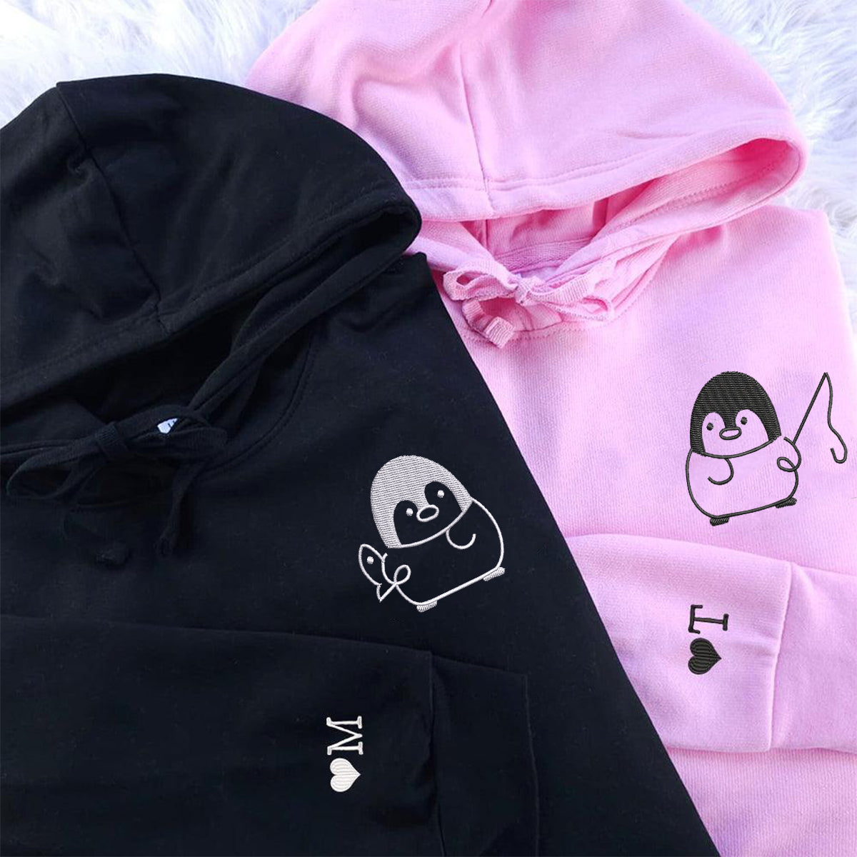 Sweats à capuche assortis brodés personnalisés avec motif pingouin pêcheur pour couples