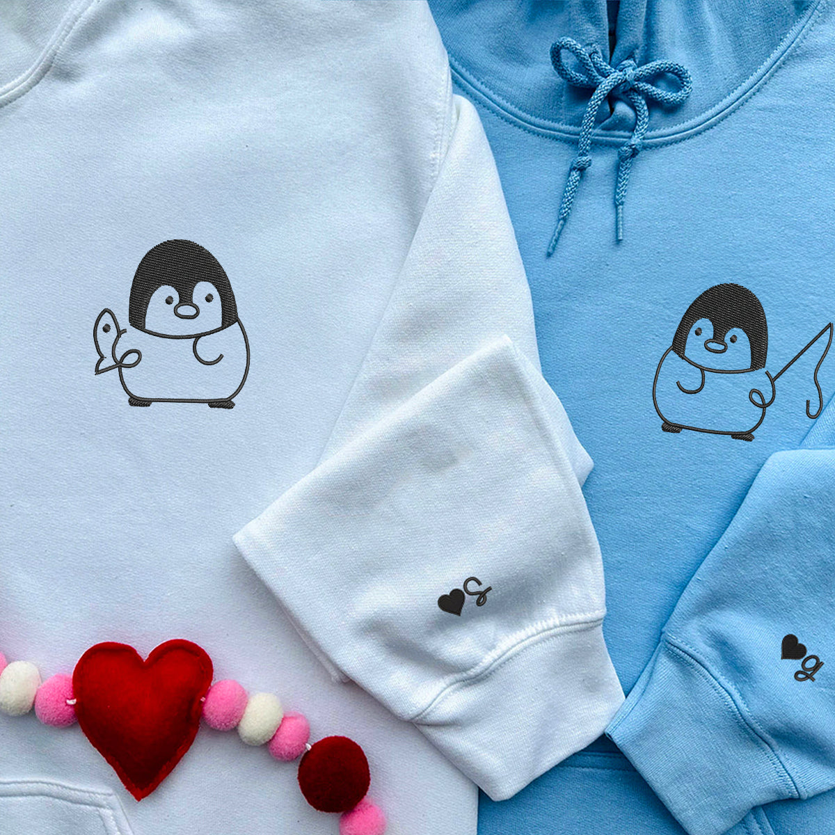 Sweats à capuche assortis brodés personnalisés avec motif pingouin pêcheur pour couples