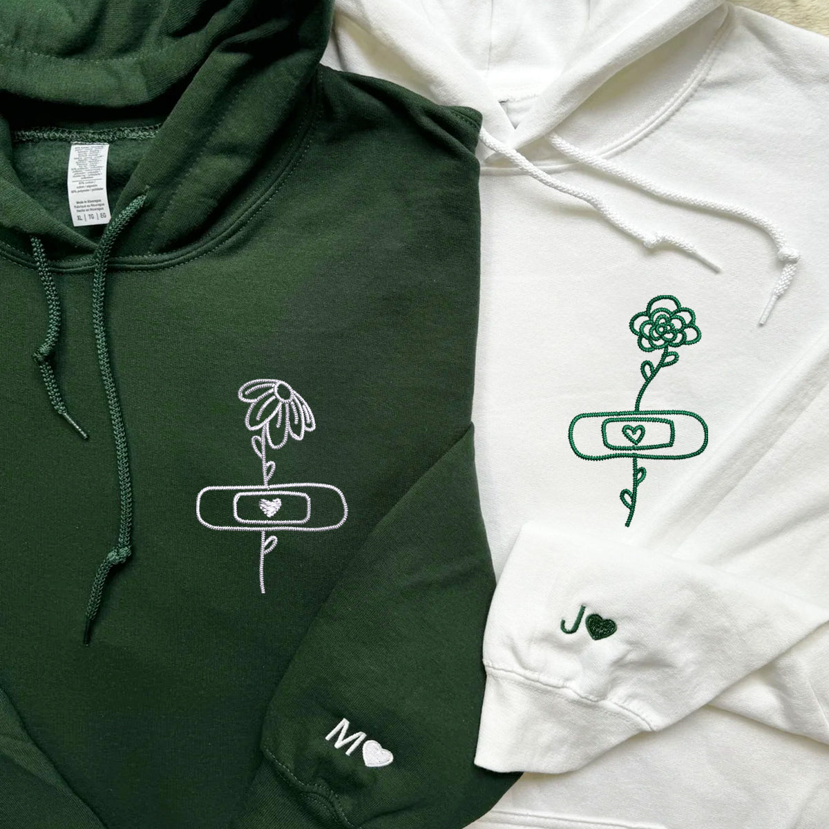 Custom Embroidered Flower with Bandaid Matching Hoodies for Couples