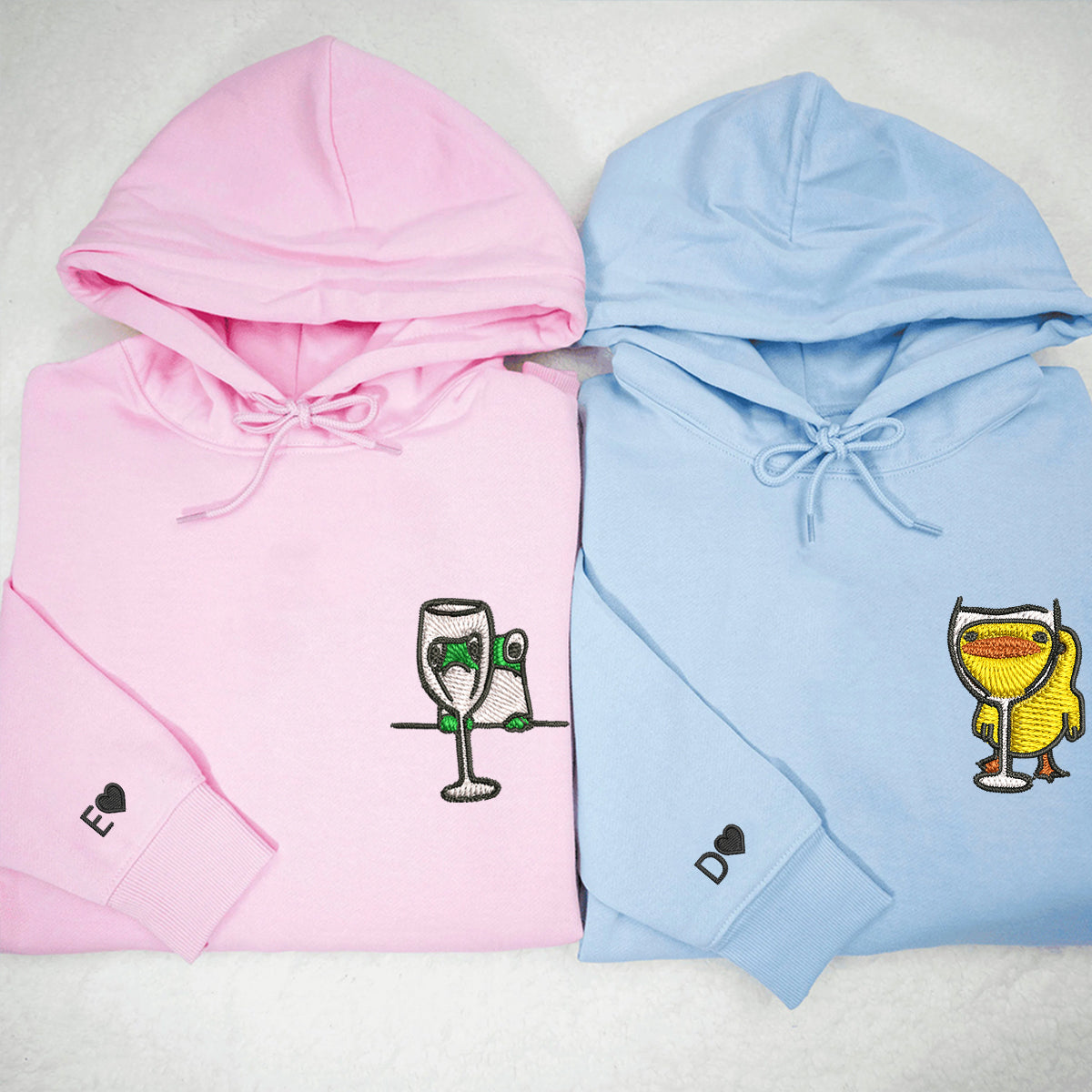 Custom Embroidered Frog and Duck Drinking Matching Hoodies for Couples