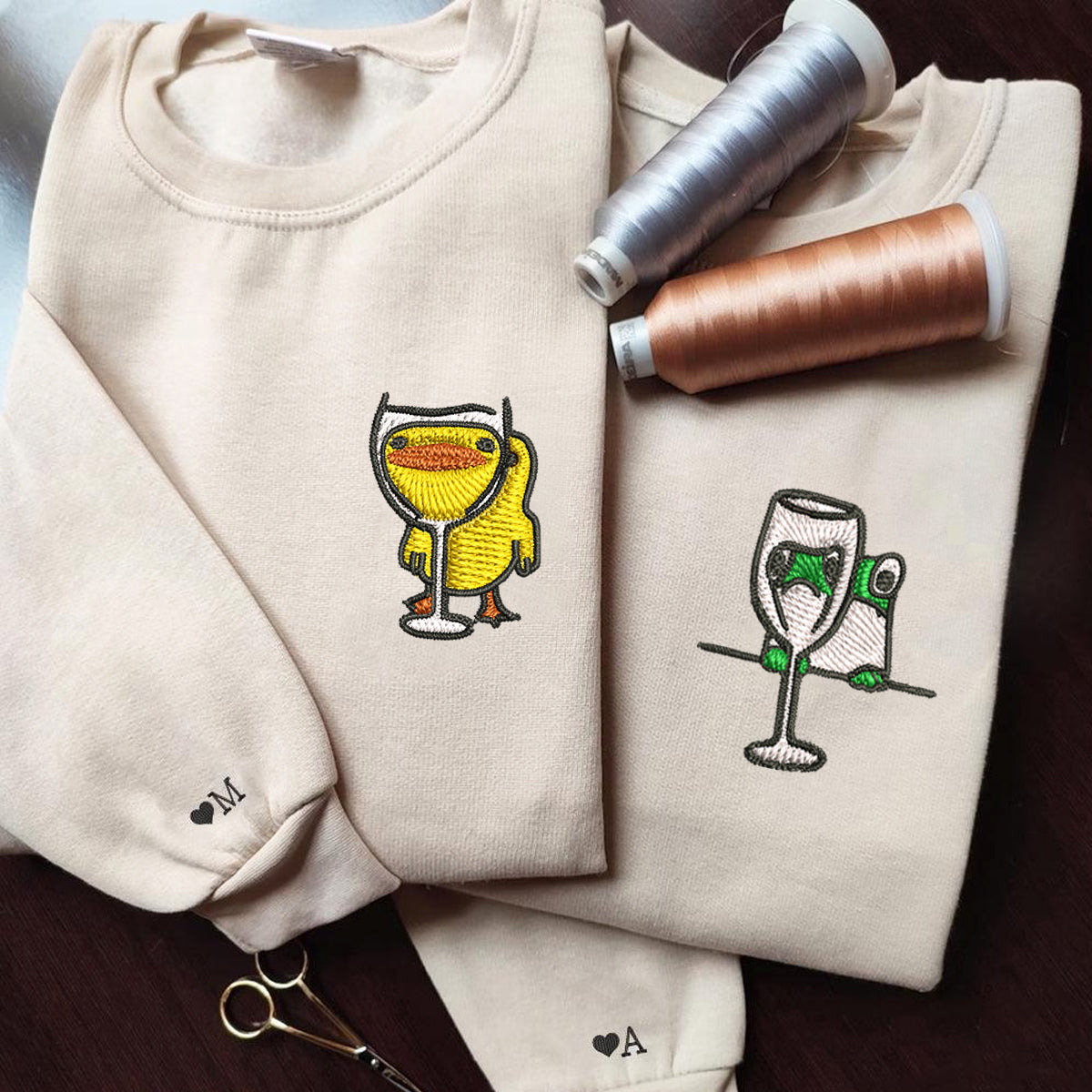 Custom Embroidered Frog and Duck Drinking Matching Hoodies for Couples