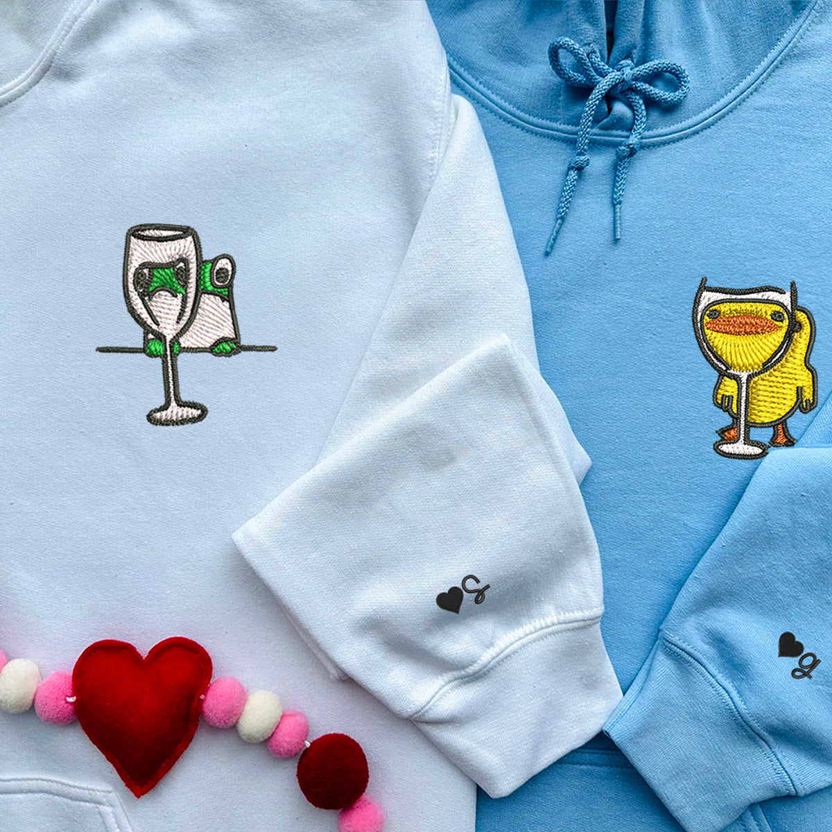 Custom Embroidered Frog and Duck Drinking Matching Hoodies for Couples