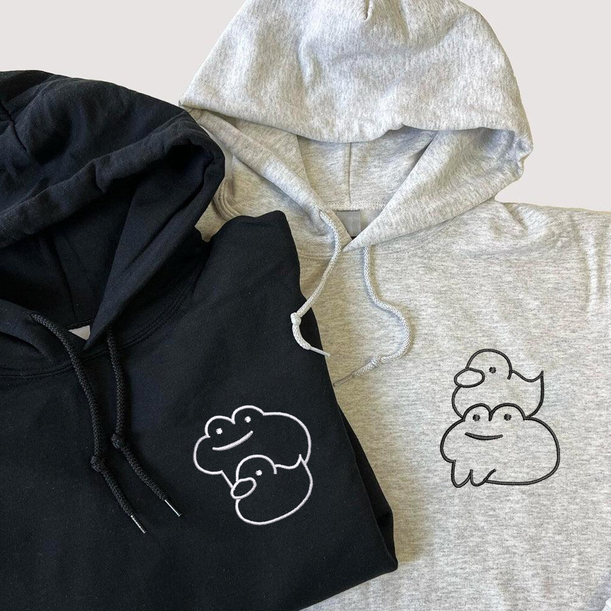 Custom Embroidered Froggy and Ducky Matching Hoodies for Couples