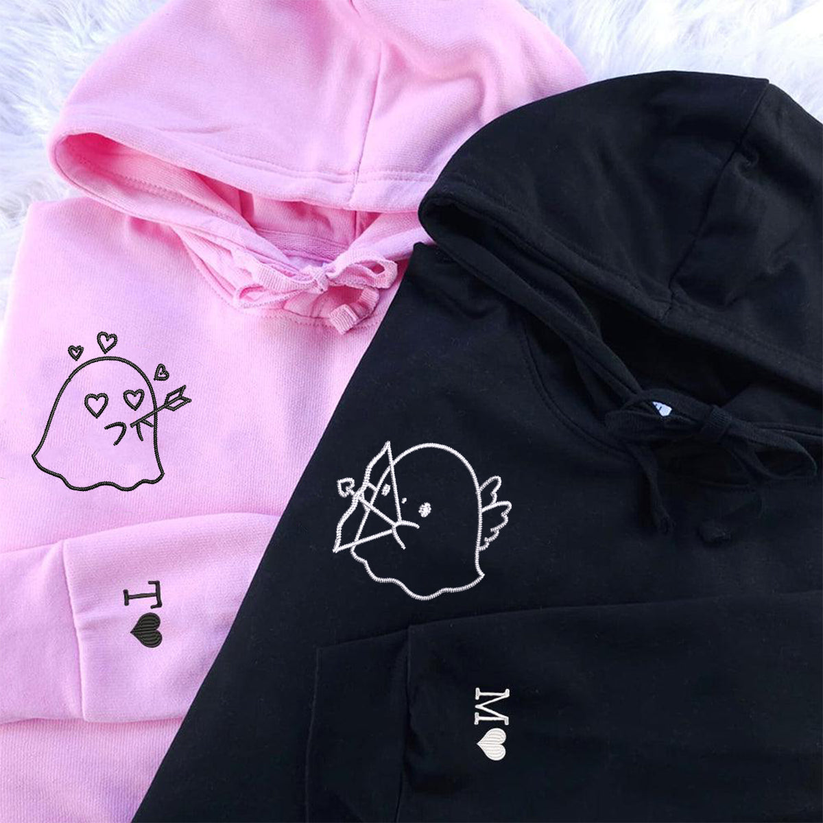 Sweats à capuche assortis brodés personnalisés avec ange fantôme pour couples