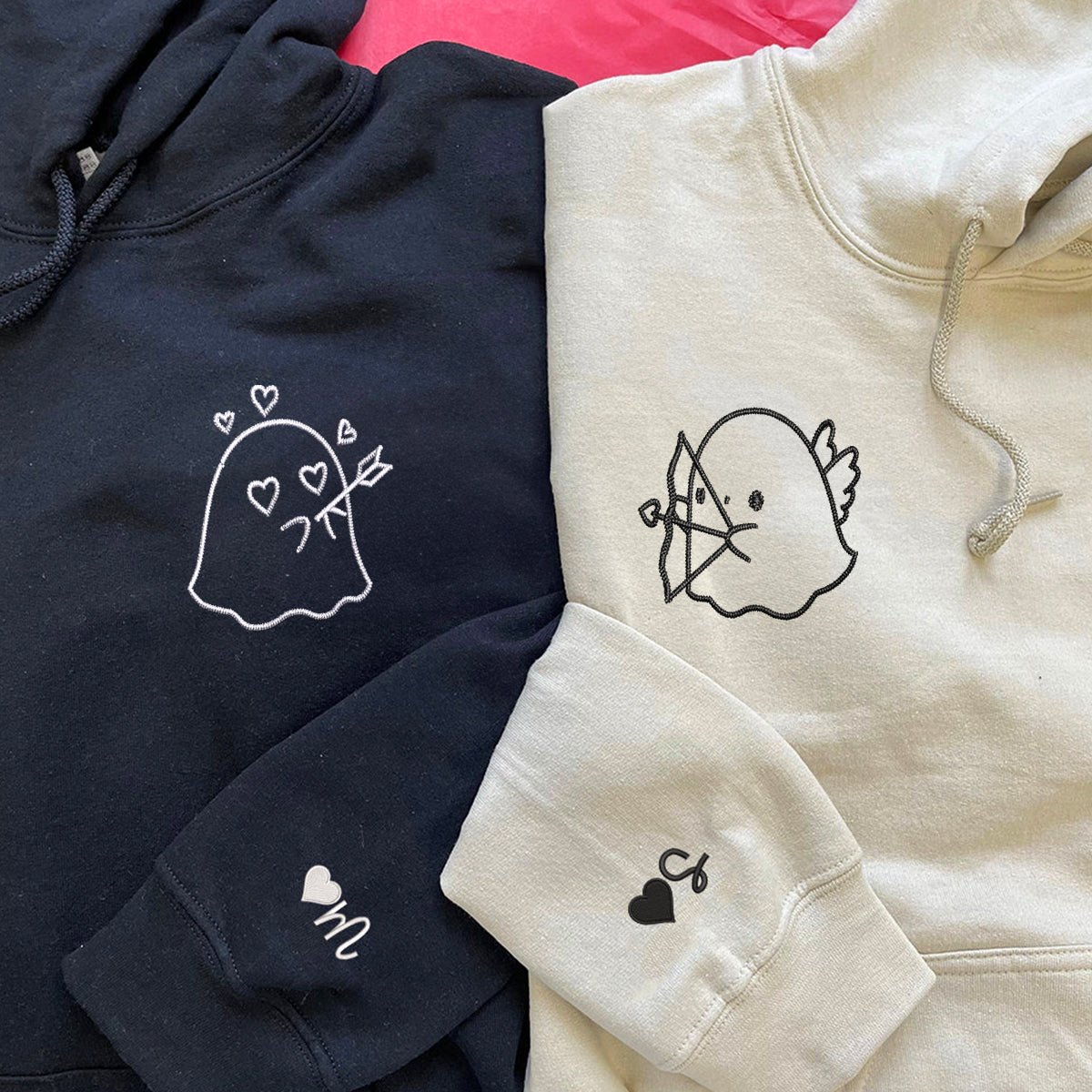 Sweats à capuche assortis brodés personnalisés avec ange fantôme pour couples