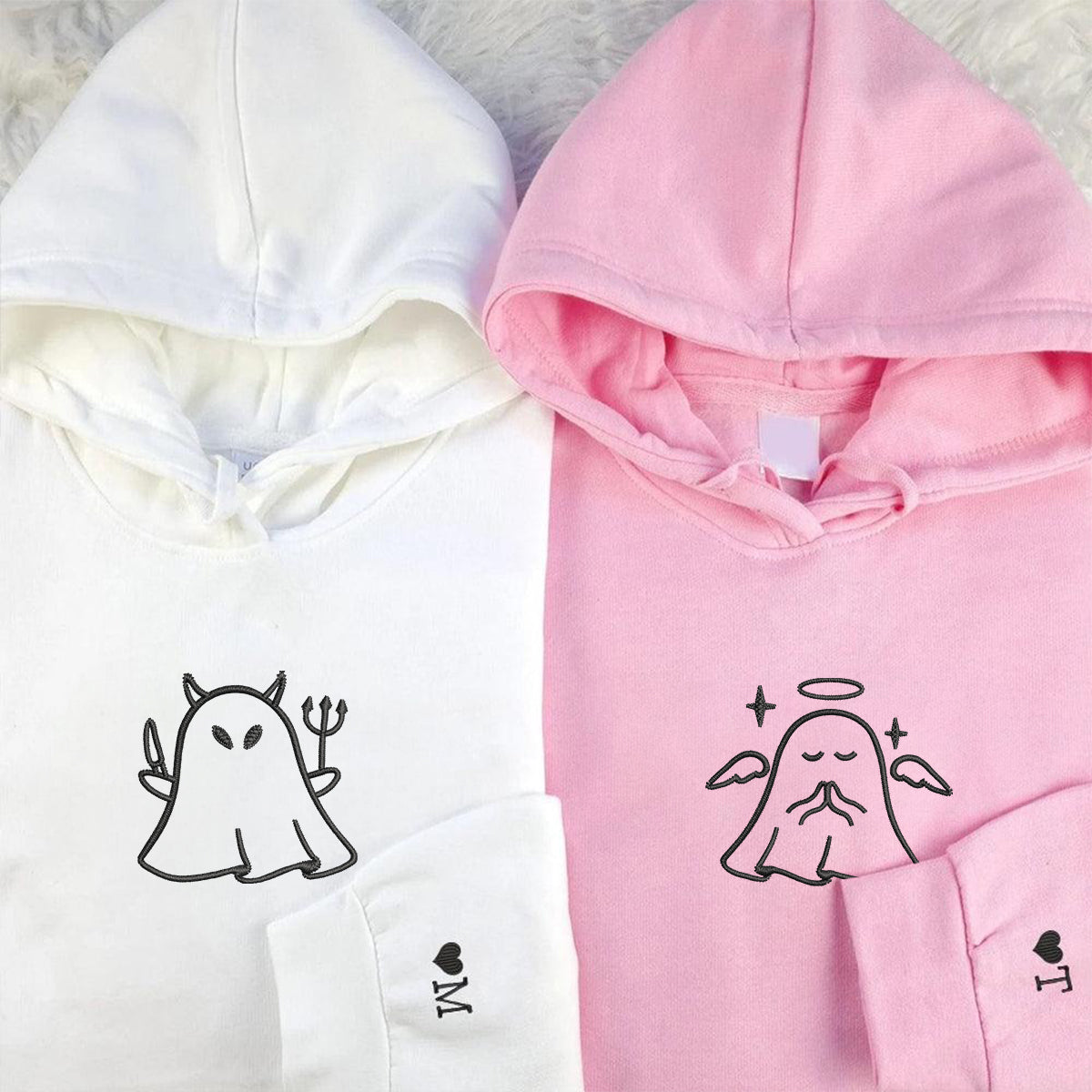 Custom Embroidered Ghost Angel and Devil Matching Hoodies for Couples