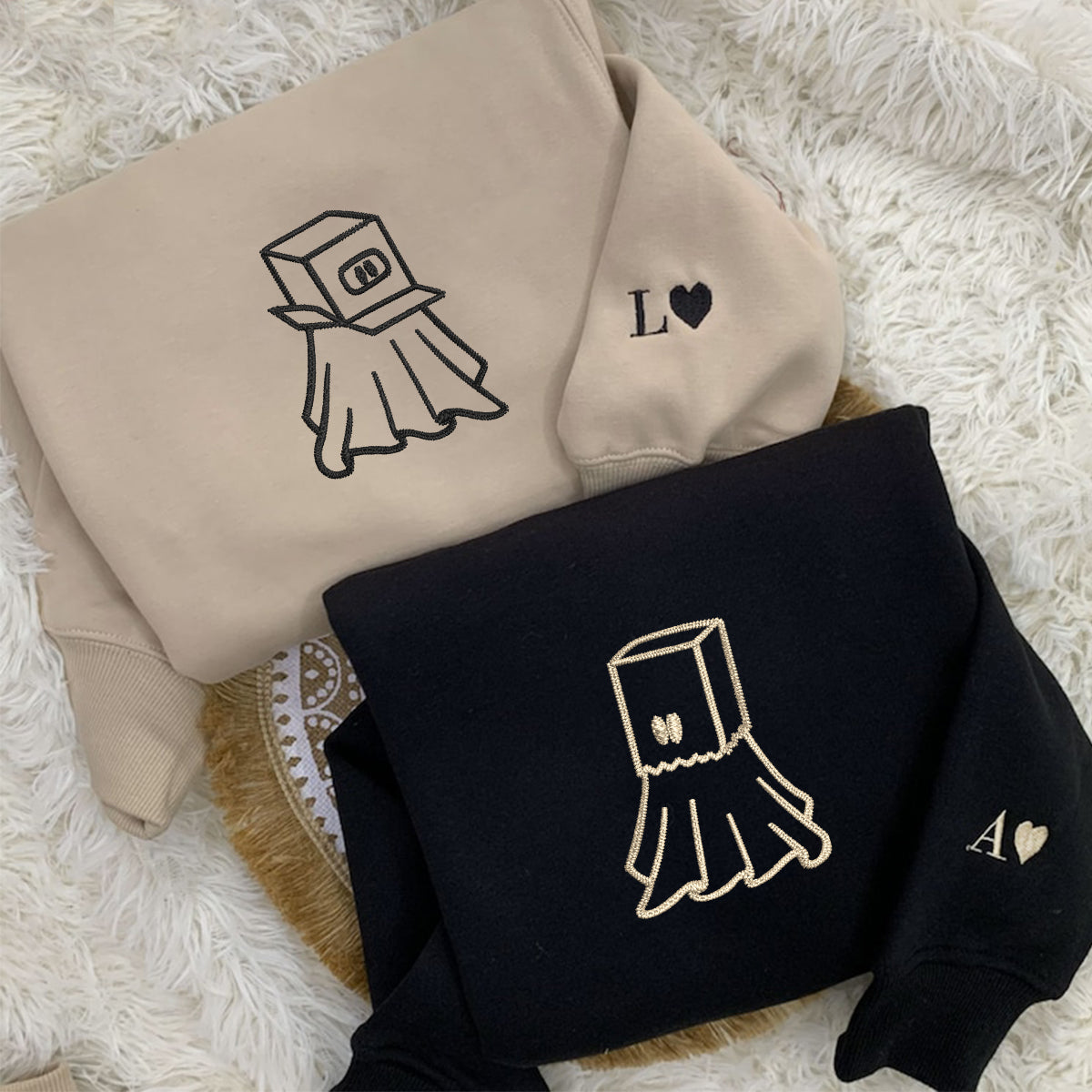 Custom Embroidered Ghost Boxhead &amp; Paperbag Matching Hoodies for Couples