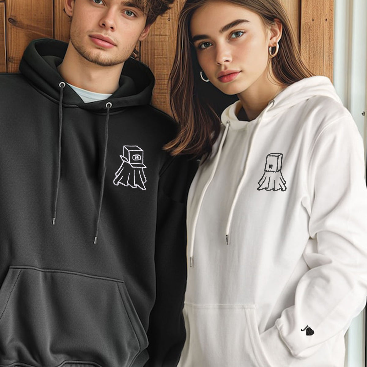 Custom Embroidered Ghost Boxhead & Paperbag Matching Hoodies for Couples