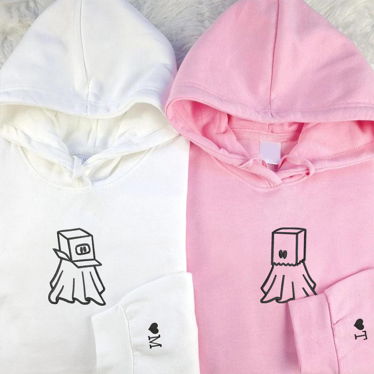 Individuell bestickte Ghost Boxhead &amp; Paperbag Passende Hoodies für Paare