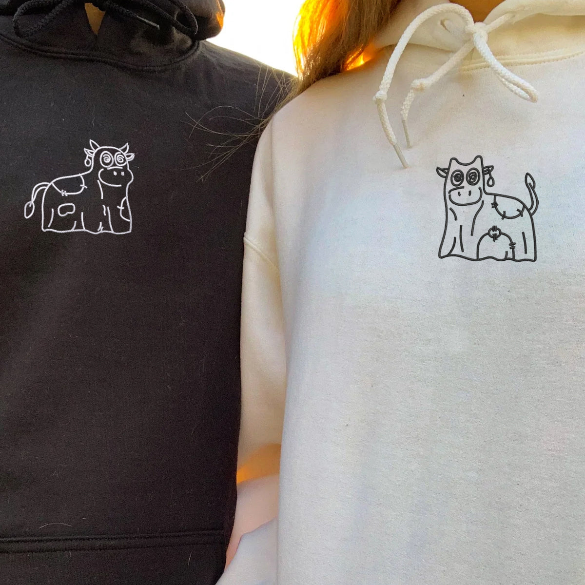 Custom Embroidered Ghost Cows Matching Hoodies for Couples