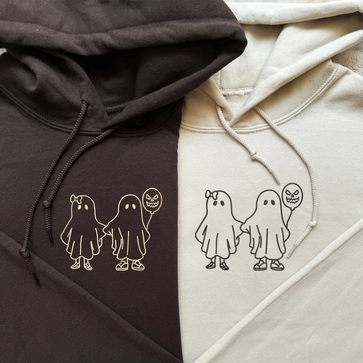 Custom Embroidered Ghost Holding Hands Matching Hoodies for Couples