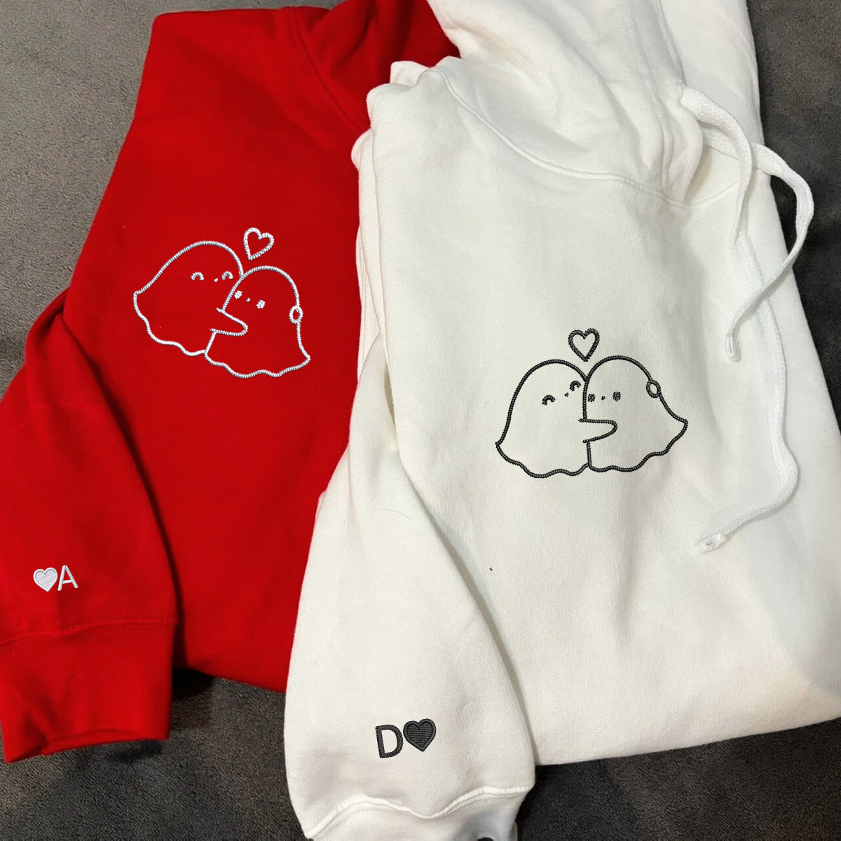 Custom Embroidered Ghost Hug Matching Hoodies for Couples