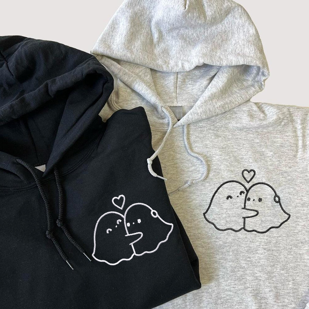 Custom Embroidered Ghost Hug Matching Hoodies for Couples