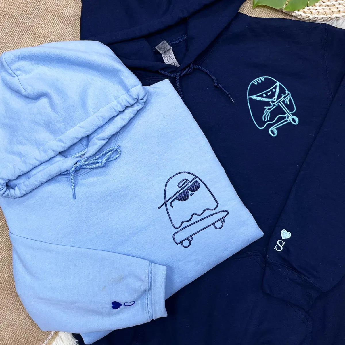 Custom Embroidered Ghosts Skateboard and Scooter Matching Hoodies for Couples