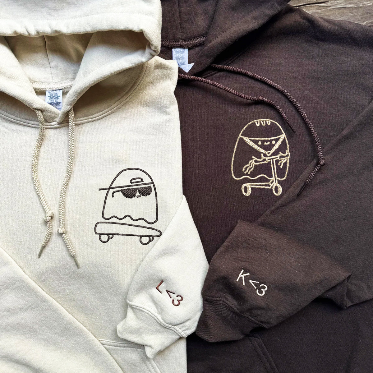 Custom Embroidered Ghosts Skateboard and Scooter Matching Hoodies for Couples