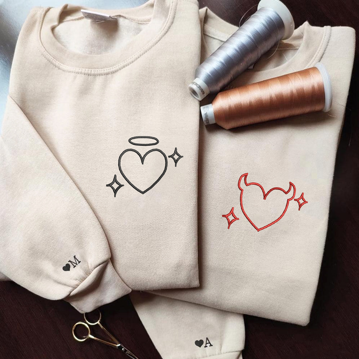 Custom Embroidered Heart Angle and Devil Matching Hoodies for Couples