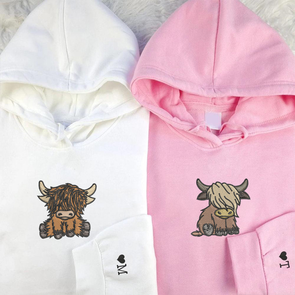 Custom Embroidered Highland Cow Matching Hoodies for Couples