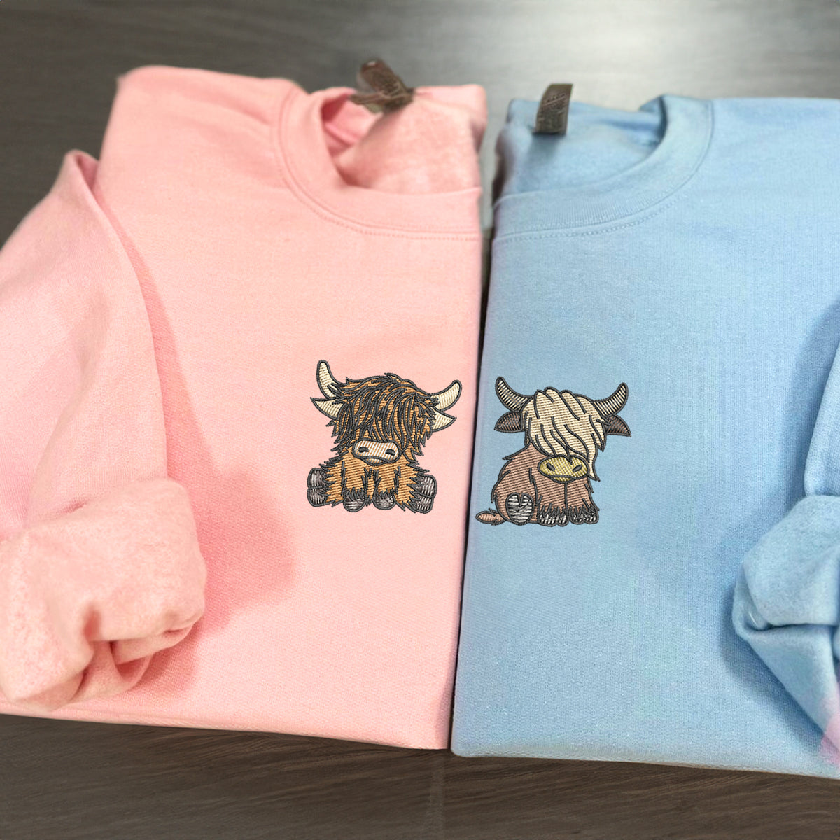 Custom Embroidered Highland Cow Matching Hoodies for Couples