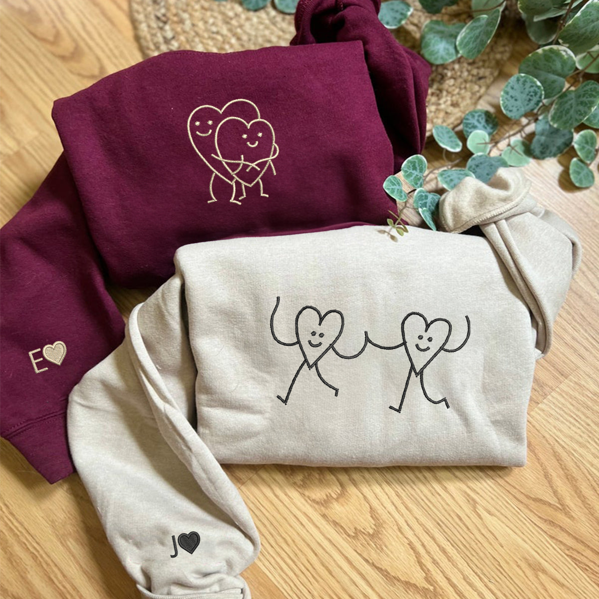 Custom Embroidered Hugging Hearts Matching Hoodies for Couples
