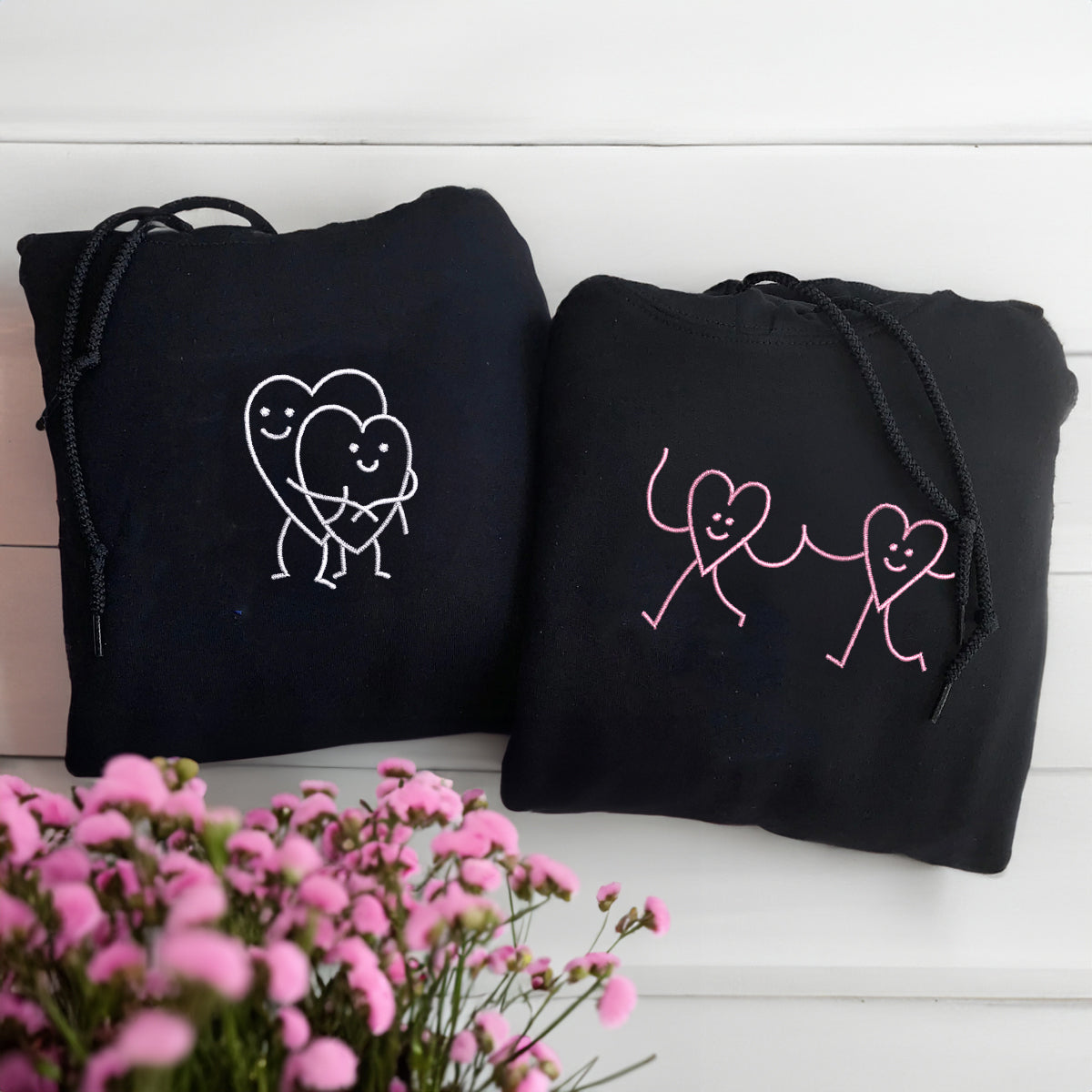 Custom Embroidered Hugging Hearts Matching Hoodies for Couples