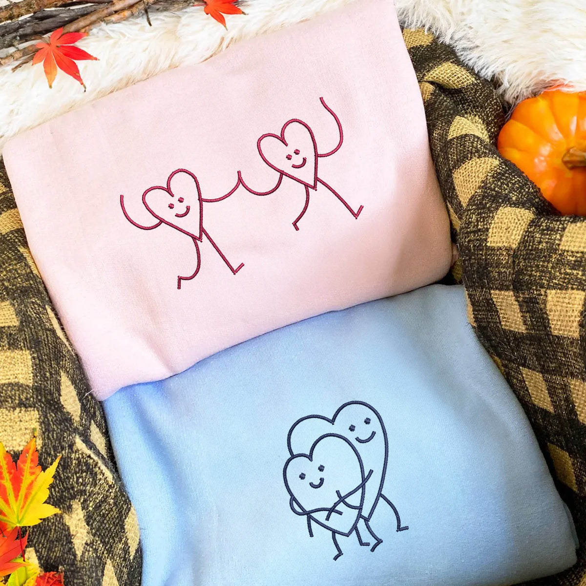 Custom Embroidered Hugging Hearts Matching Hoodies for Couples