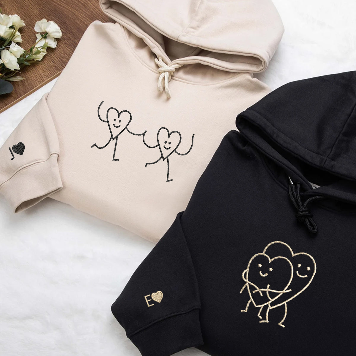 Custom Embroidered Hugging Hearts Matching Hoodies for Couples