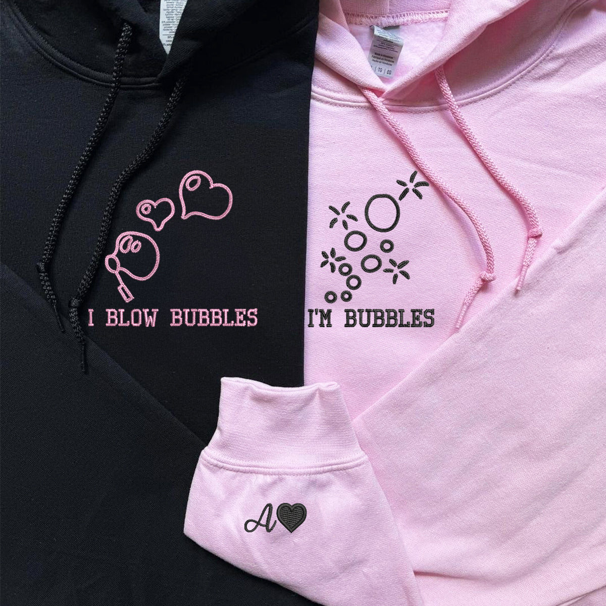 Sweats à capuche assortis brodés personnalisés « Je souffle des bulles » pour couples