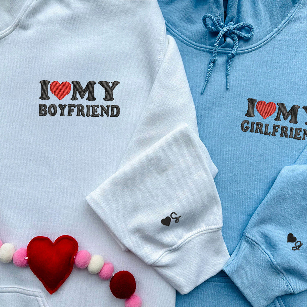 Custom Embroidered I Love My Boyfriend/ Girlfriend Matching Hoodies for Couples