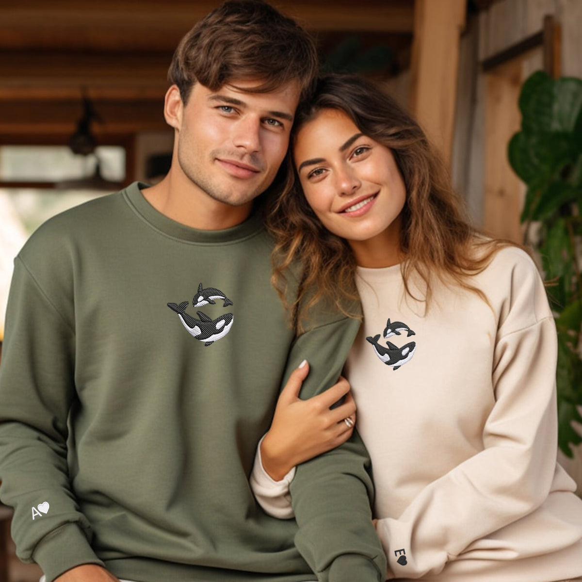 Custom Embroidered Killer Whale Matching Hoodies for Couples