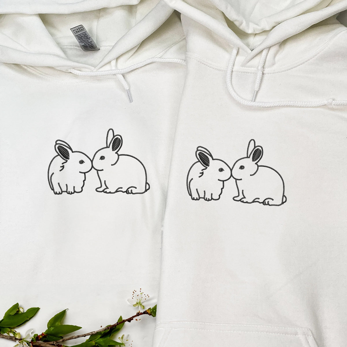 Custom Embroidered Kissing Bunnies Matching Hoodies for Couples