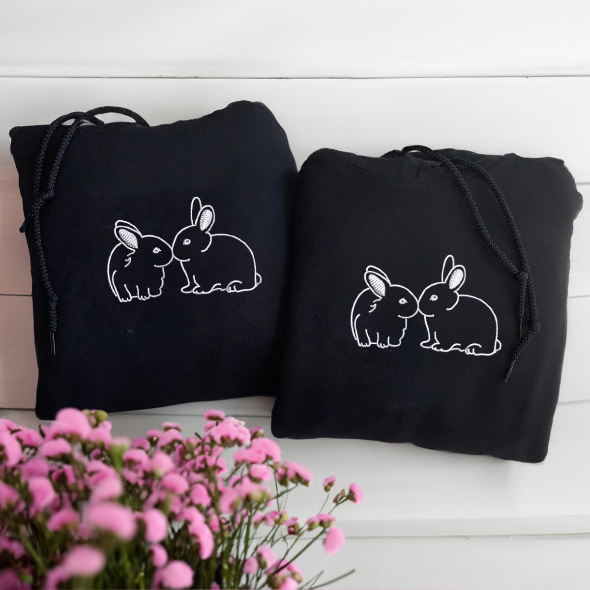 Custom Embroidered Kissing Bunnies Matching Hoodies for Couples