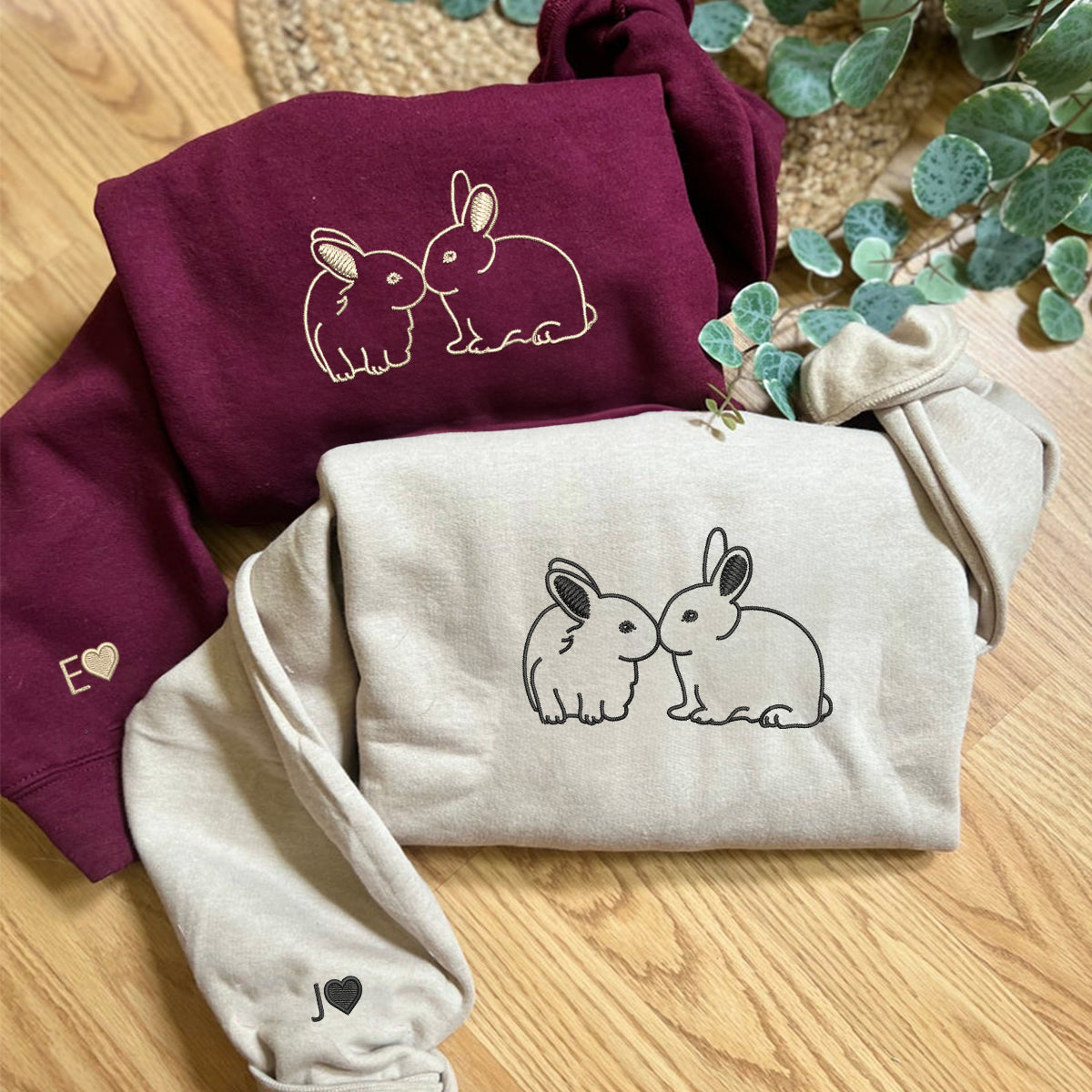 Custom Embroidered Kissing Bunnies Matching Hoodies for Couples