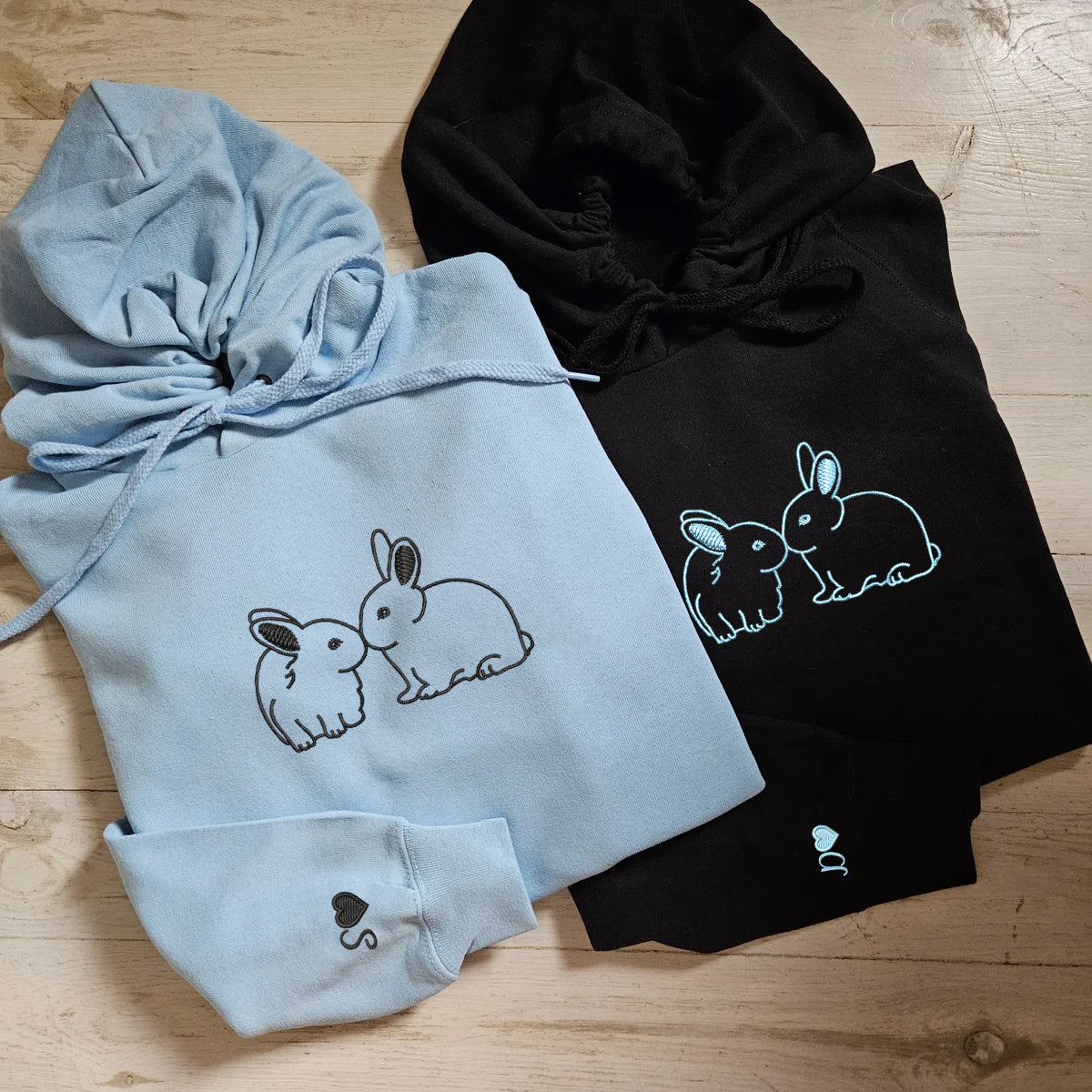 Custom Embroidered Kissing Bunnies Matching Hoodies for Couples