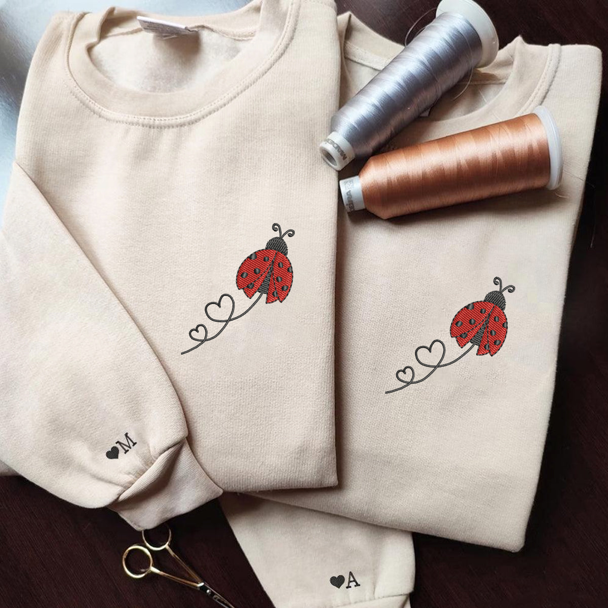 Custom Embroidered Ladybug Hearts Matching Hoodies for Couples