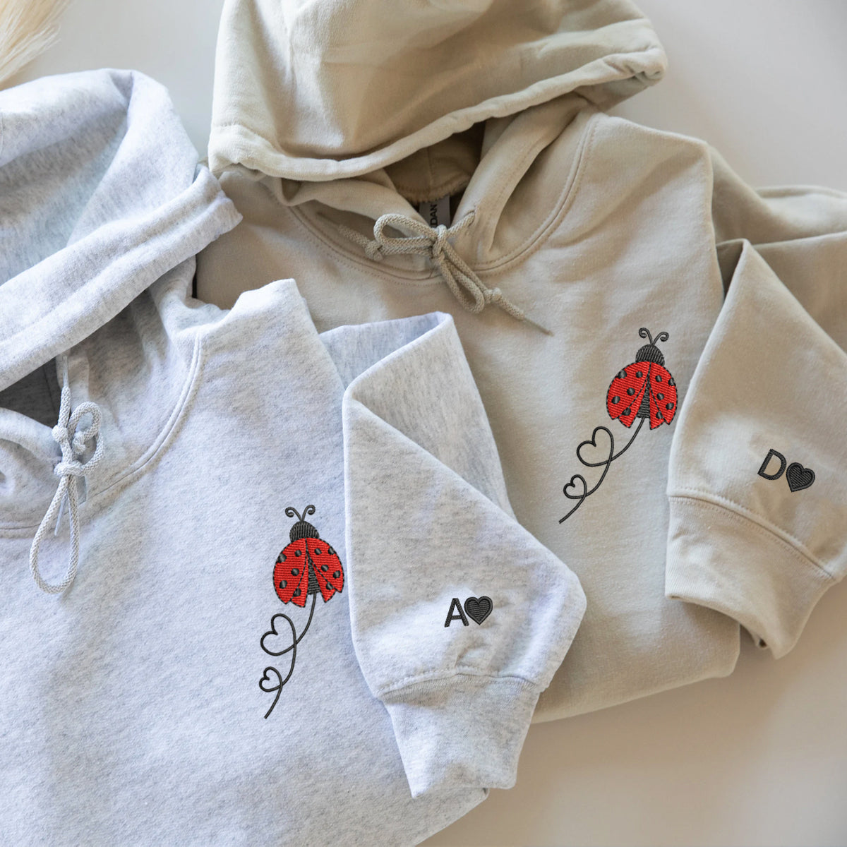 Custom Embroidered Ladybug Hearts Matching Hoodies for Couples